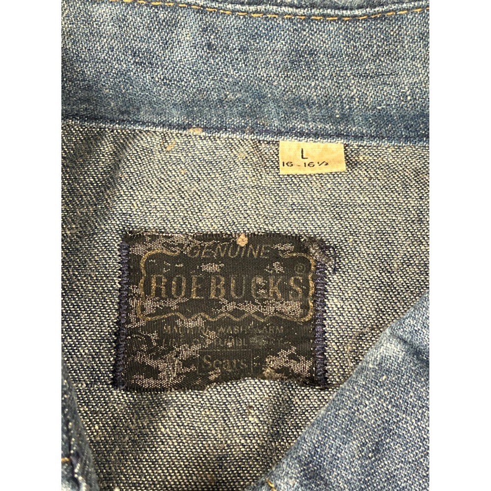 Vintage 70s Sears Roebucks Western Denim Shirt Mens Large 16 Blue Pearl Snap - Picture 3 of 8